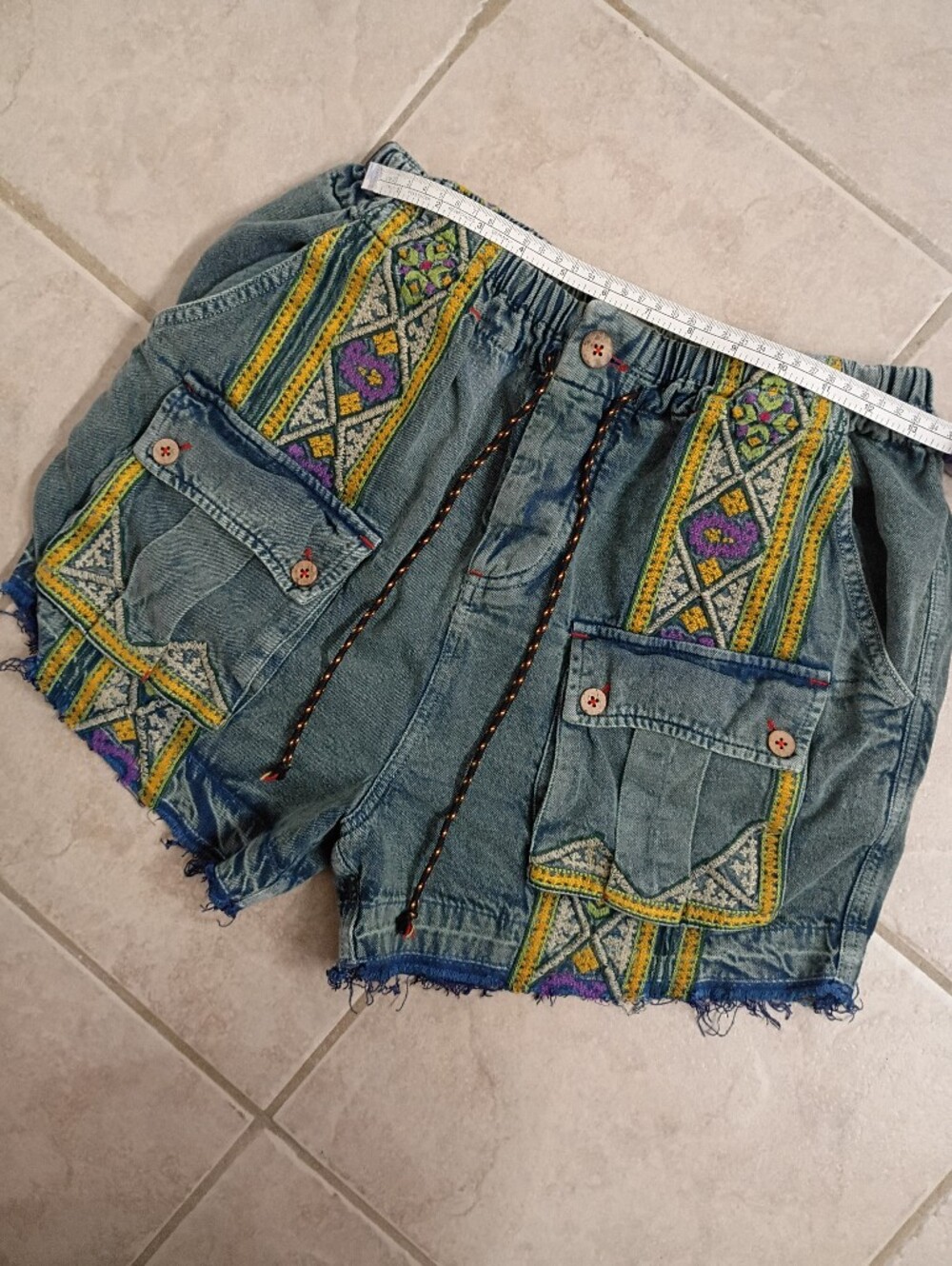 Free People Blue Denim Shorts with Yellow & Purple Embroidery